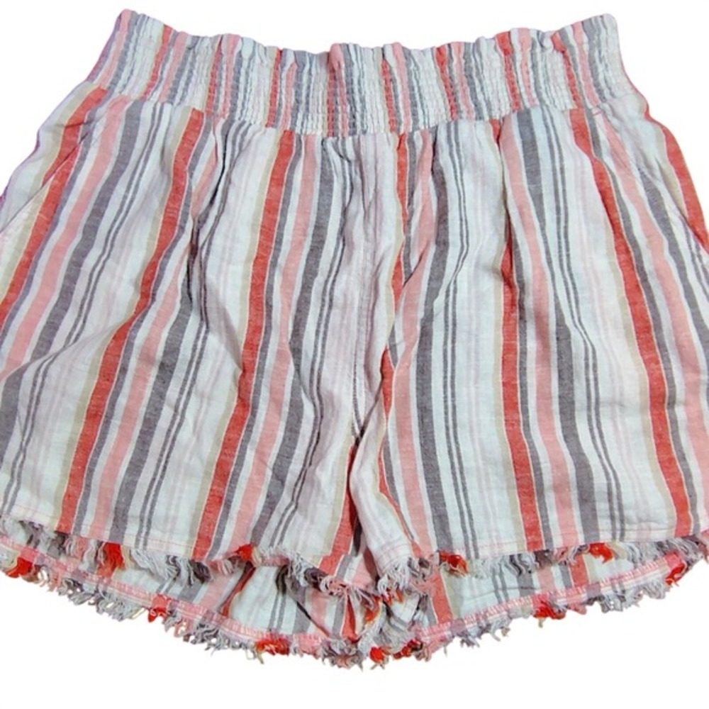 True Craft Womens Shorts XL Striped Linen Viscose Frayed Tassel Waistband Casual